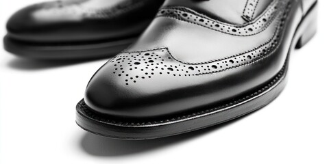 Two polished black leather brogues are displayed against a stark white background. The shoes have a classic design with intricate wingtip detailing and a subtle, textured pattern. 