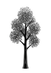 Obraz premium Towering stylized tree with polished obsidian trunk, shimmering metallic silver leaves in geometric clusters, against a transparent background with copy space, studio lighting, concept of futuristic