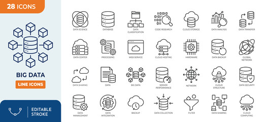 Big Data line editable icon set. Containing database, data center, server, storage, hosting, and more. Editable stroke. Vector Illustration