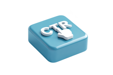 3D CTR icon. Blue button with white letters & hand cursor. Isolated on black background