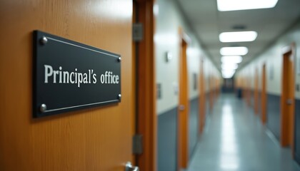 Sign on principal office door. School hallway perspective with office for school leader. Educational institution corridor with interior doors for administrator, staff. Space for academic guidance,