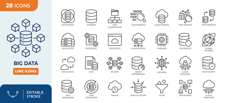 Big Data line editable icon set. Containing database, data center, server, storage, hosting, and more. Editable stroke. Vector Illustration