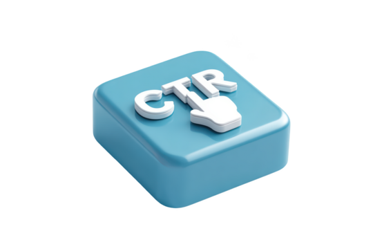 3D CTR icon. Blue button with white letters & hand cursor. Isolated on black background