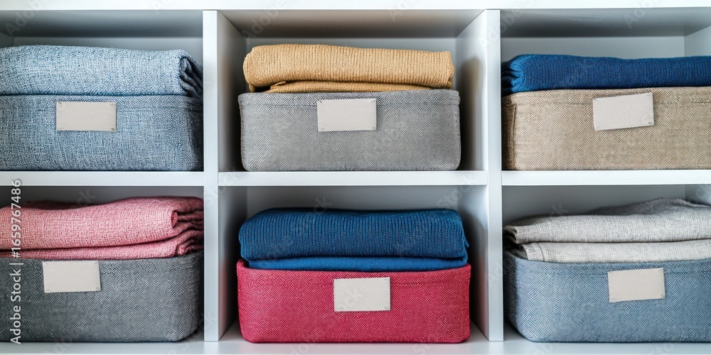 Poster a white shelving unit displays six fabric storage boxes in various colors. the boxes are neatly stac