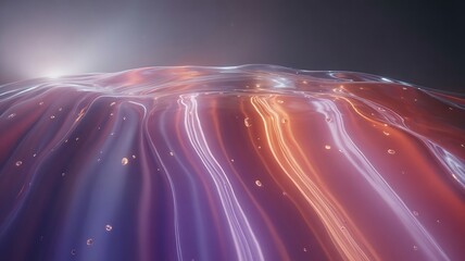 Shimmering glass-like surface infused with glowing lavender, coral, and rose hues. Smooth currents of light ripple through the abstract design, forming vertical streams of radiance and depth.