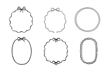 Whimsical hand drawn wedding oval frames with wavy squiggle curly ribbon and romance bow. Perfect for birthday or bachelorette party invitations, set