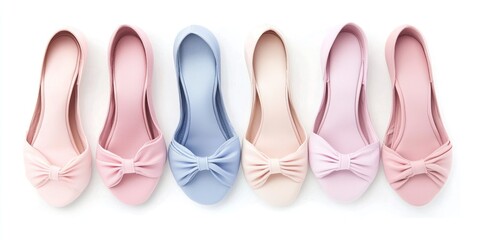 A flat lay photograph showcases six pairs of pastel-colored ballet flats arranged in a row. Each shoe features a delicate bow detail at the vamp. 