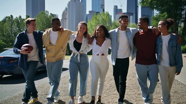 Group of multi ethnic young students walking together with arms around each other in chicago, enjoying a sunny day filled with laughter and creating joyful memories in the city