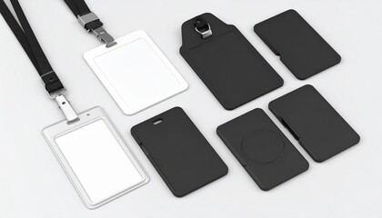 Various blank identification cards, some with black and clear plastic covers, arranged on a white surface.