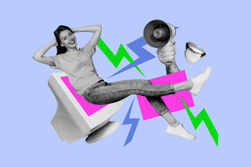 Creative 3d full art image collage of happy girl lay pc monitor hand hold megaphone fake news spam...