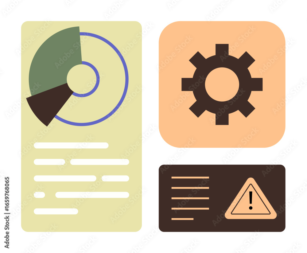 Poster Circular chart, gear icon, and warning triangle with text layouts highlight data, settings, and caution concepts. Ideal for analytics, system management, troubleshooting, monitoring reporting