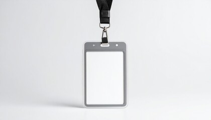 Blank silver ID badge hanging from a black lanyard against a white background.