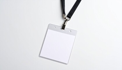 Blank identification badge hanging from a black lanyard on a white background.