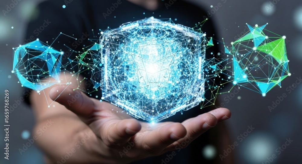 Poster a digital cube hovers above a hand, representing technology, data networks, and artificial intellige
