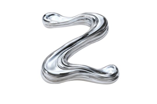 A stylized, metallic letter Z.  Fluid, 3D render