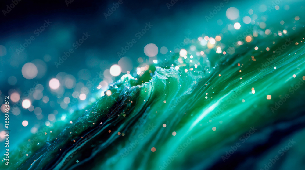 Poster abstract green waves with glowing particles and bubbles creating a surreal liquid effect
