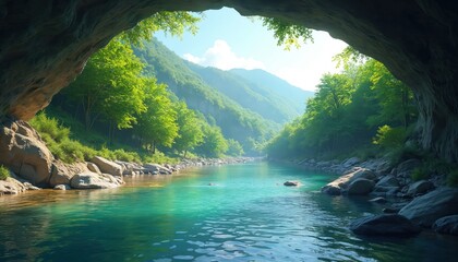 Idyllic river flows green forest viewed from cave. Lush trees line the banks. Clear water detailed foliage. Sunlight on the water, creating peaceful mood of serenity and calm.