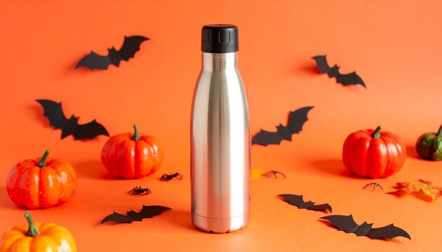 A metallic water bottle surrounded by Halloween decorations, including bats and pumpkins, on an orange background.