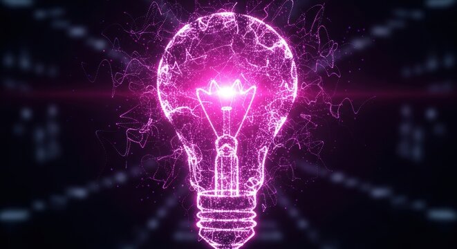 A glowing light bulb made of digital particles symbolizes innovation, technology, and bright ideas in a futuristic and abstract design