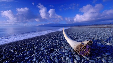 Seaside view with driftwood on rocky beach vibrant blue sky