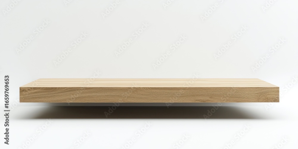 Poster a light-colored wooden floating shelf is positioned horizontally on a white surface. the shelf appea