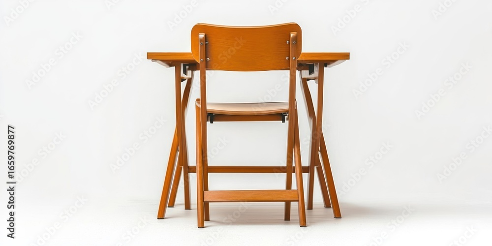 Poster a wooden folding table and chair set are arranged against a stark white background. the table is a w