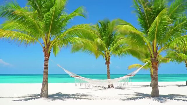 Tropical landscape: beautiful beach with hammock and tropical sea. Panglao island, Bohol, Philippines. Summer and travel vacation concept.
