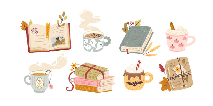 Autumn set with books, various cozy hot drinks in cute cups and leaves. Hand-drawn vector illustrations in cartoon trendy textured pastel style. For reading lovers. Isolate on white background.