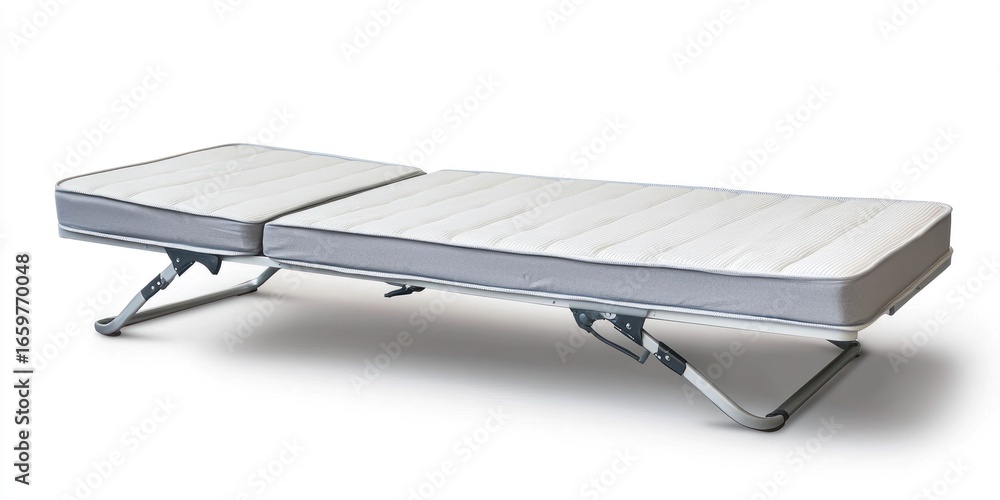 Poster a gray folding bed is positioned on a white surface. the bed is fully extended and features a padded