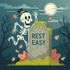 A cheerful cartoon skeleton in a top hat running and waving behind a Rest Easy tombstone.