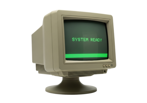 Vintage beige CRT computer monitor displaying green pixelated "SYSTEM READY" text, isolated on a transparent background with copy space, high-key studio lighting evoking computing nostalgia