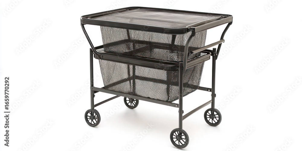 Poster a black rolling cart features a mesh top and two large mesh baskets. the cart has four wheels and a 