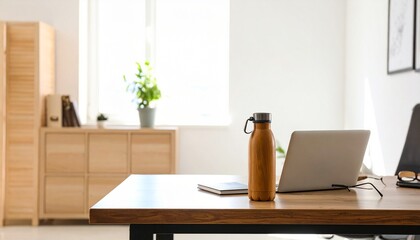 Modern minimalist home office workspace with laptop, water bottle, and natural light.