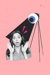 Trendy art creative vertical photo collage of shocked girl stand light lamp beam eyeball stare...