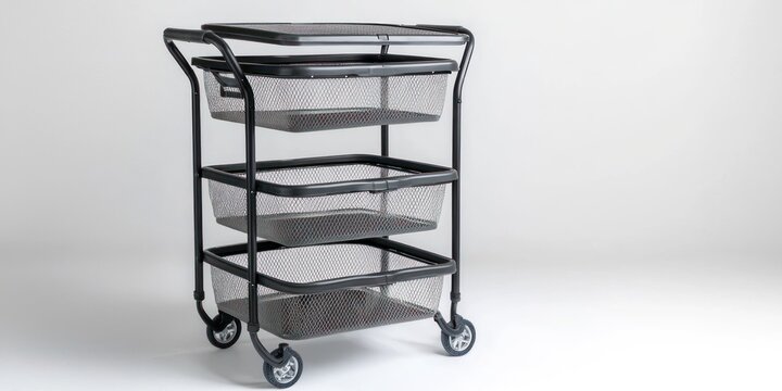 A sleek, black rolling cart stands against a white background. The cart features three tiers: a top shelf with a solid surface, a middle shelf with a wire mesh basket