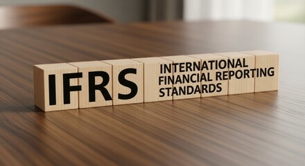 Fototapeta premium IFRS Acronym on Wooden Blocks - International Financial Reporting Standards Concept on a Wooden Desk.