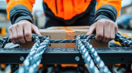 Close-up of hands tying thick ropes around a cardboard box for safe transportation. Great for concepts of cargo safety, logistics, manual labor, shipping, and package handling.