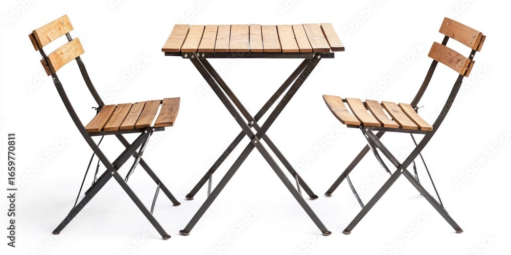 Poster a wooden folding table and two matching folding chairs are arranged in a row on a white surface. the