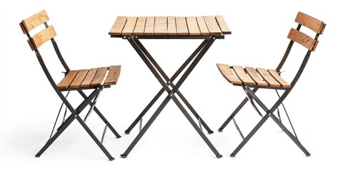 A wooden folding table and two matching folding chairs are arranged in a row on a white surface. The table has a square top with horizontal wooden slats and a black metal frame. 
