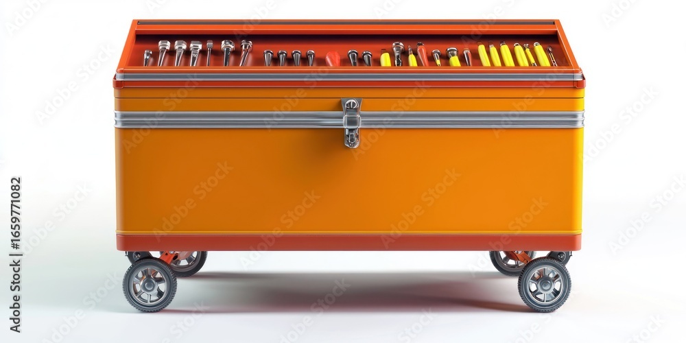 Poster a vibrant, orange toolbox with a red trim sits on a white surface. the toolbox has four wheels and a