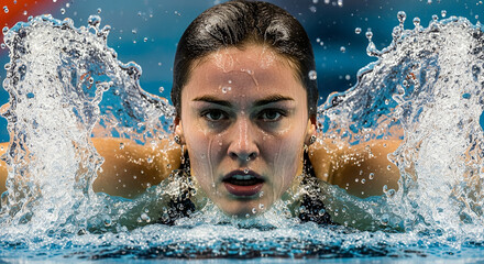 Female swimmer emerging from water with determination during a competition in a swimming pool