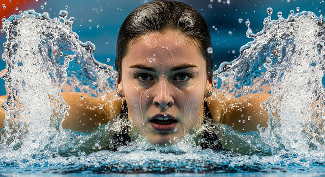 Female swimmer emerging from water with determination during a competition in a swimming pool