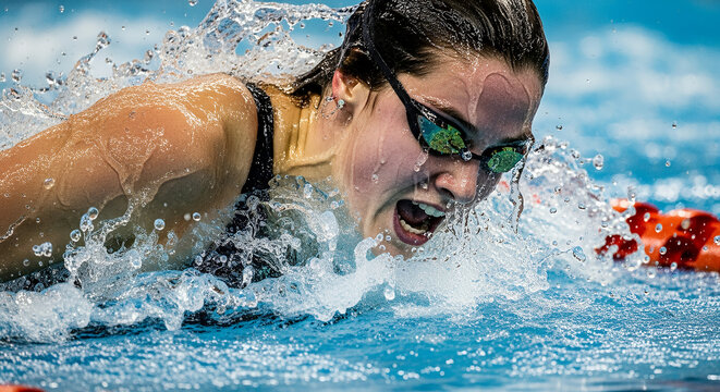 Female swimmer competing with determination and focus in the pool with splashes