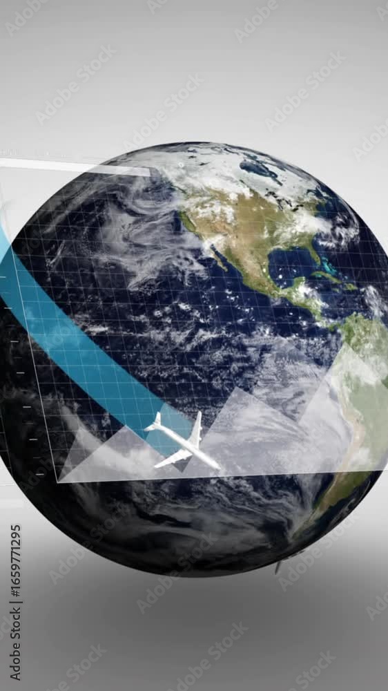 Poster animation of statistical data processing and airplane icons over spinning globe on grey background