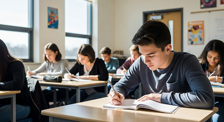 Male student in a classroom focused on writing in a notebook with classmates during daylight
