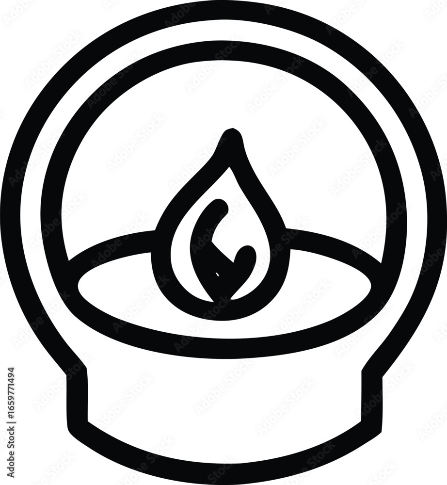 Poster simple outline icon of a flame inside a circular housing representing heat energy or a light source 