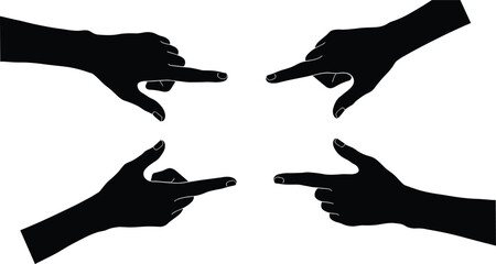 Four black silhouettes of hands pointing fingers towards each other on white background gesture direction