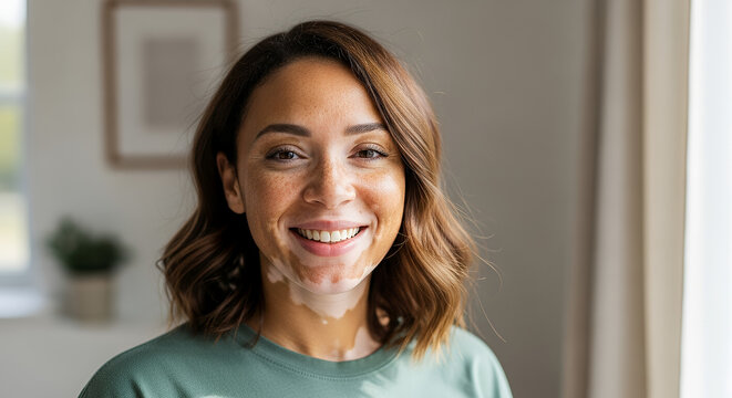 Smiling woman with vitiligo and freckles in a bright indoor setting - Powered by Adobe
