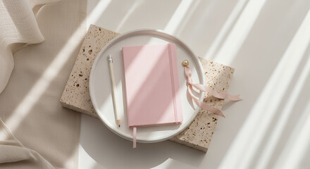 Stylish pink notebook with ribbon and pencil on textured surface with soft shadows