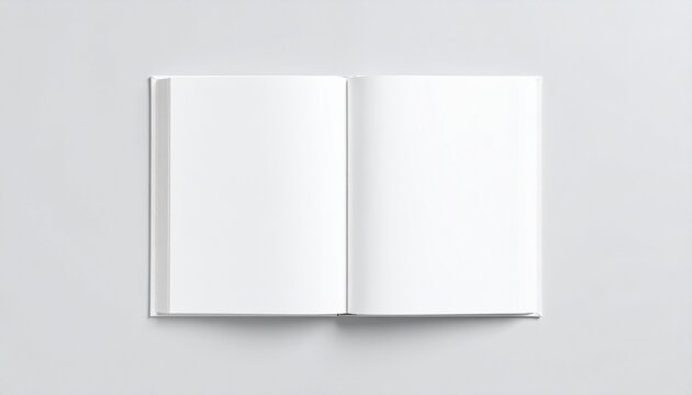 Open book with blank white pages, laying flat on a light gray surface, ready for content.